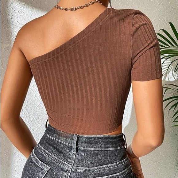 Women's One-Shoulder Crop Tops Rib Knit - Picture 4 of 5